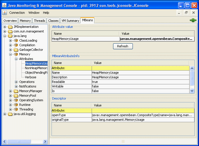 Viewing MBean attributes in the MBeans tab. Viewing MBean attributes in the MBeans tab.