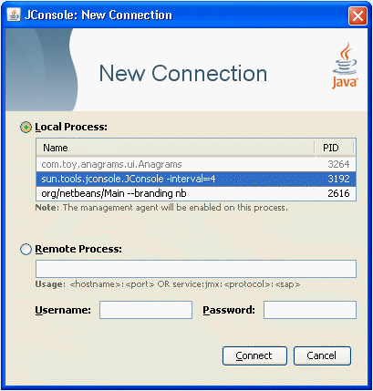 The dialog window for creating connections to local processes The dialog window for creating connections to local processes