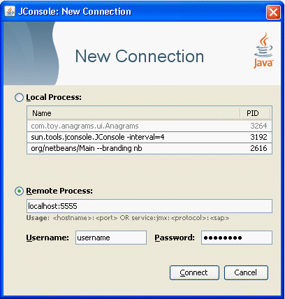 The dialog window for creating connections to remote
processes The dialog window for creating connections to remote
processes